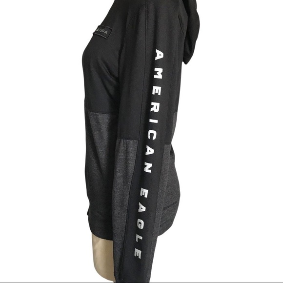 𝅺AMERICAN Eagle USA Black Grey Color Block Hooded Jacket Zip Up Pockets Y2K XS - Picture 3 of 11